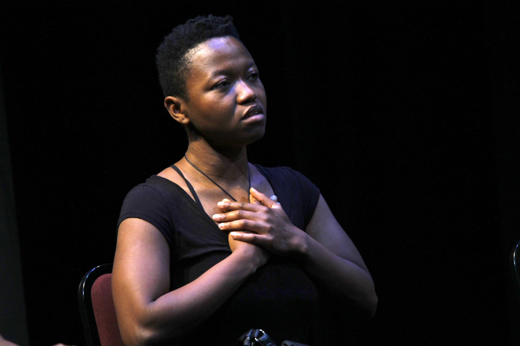Playwright, Omotayo Jolaosho, during q & a. <br>Photo Credit: (c) Madoda Mkhobeni